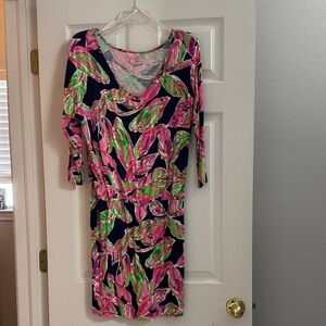 Lilly Pulitzer Navy Dress with Pink and Green Tropical Leaves